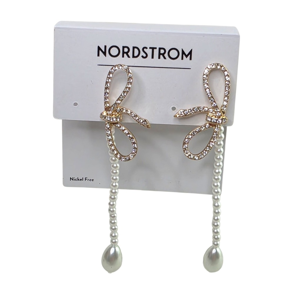 Nordstrom Gold Tone Crystal Bow Dangle Pearl Drop Earrings Nickel‎ Free
